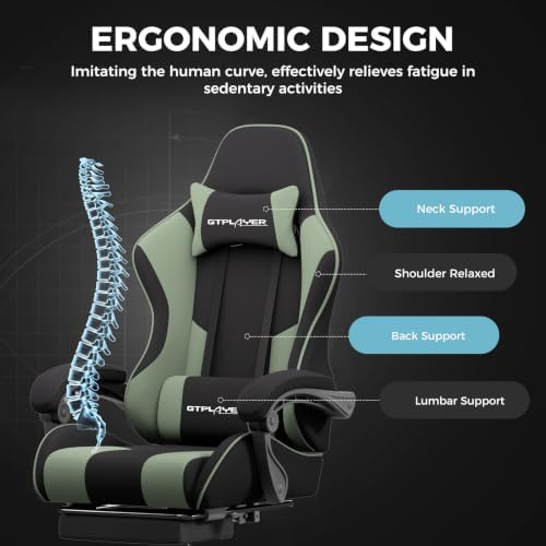 GTPLAYER Gaming Chair, Computer Chair with Footrest and Lumbar Support, Height Adjustable Game Chair with 360°-Swivel Seat and Headrest and for Office or Gaming (Green, Fabric) - Image 6