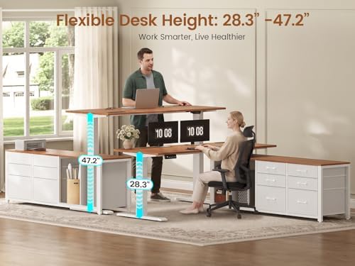SEDETA L Shaped Electric Standing Desk, 55" x 55" Height Adjustable Office Executive Desk with 6 Fabric Drawers and Storage Shelves, Sit Stand Computer Desk with Power Outlet (White + Brown) - Image 4