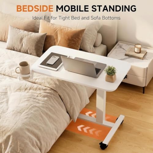 GTPLAYER Small Standing Desk with Wheels, Pneumatic Mobile Rolling Laptop Desk, Adjustable Height Overbed Bedside Table Computer Workstation for Home Office (28" W x 16" D, White) - Image 5