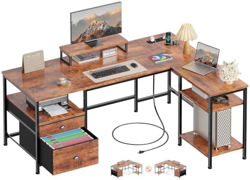 Furologee 50 Inch L Shaped Computer Desk with Power Outlet, Rustic Brown by Furologee
