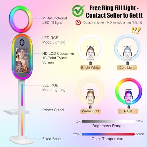 Oval DSLR Photo Booth with Camera and Printer, Built-in Mini PC Selfie Mirror Photo Booth with 15.6 inch Touch Screen RGB Lights for Wedding Party Events Rental Christmas (White) - Image 5
