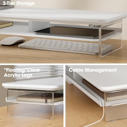 Fenge 42.5" Dual Monitor Stand with Clear Acrylic Legs, White - Image 3