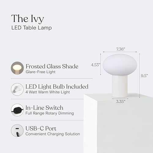 Brightech Ivy LED Table Lamp - Small 9” Bedside Reading Lamp, Modern USB Desk and Nightstand Light with Ambient Lighting for Bedroom, Living Room, Office - Frosted Glass Globe Lamp Shade, Cream - Image 3