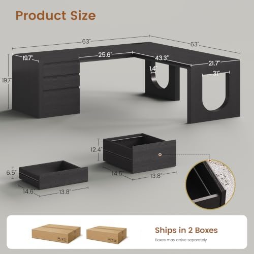 SEDETA 63" L Shaped Desk with 3 Drawers,Modern Executive Office Desk - Image 2