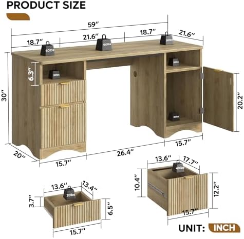 Bestier 59 inch Computer Desk with 2 Drawers, Office Desk with Storage File Cabinet and 2 Open Storage Shelves, Modern Fluted Executive Desk for Home Office Bedroom, Natural Oak - Image 2