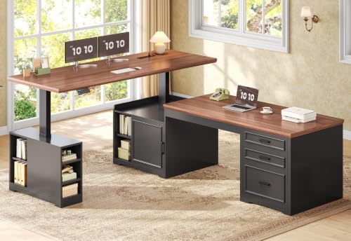SEDETA Farmhouse L Shaped Standing Desk with Storage, Black+Brown by SEDETA