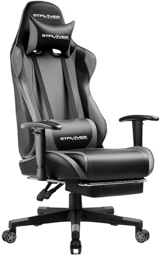 GTPLAYER Gaming Chair with Footrest, Ergonomic Computer Game Desk Chair, Reclining Gamer Chair Seat Height Adjustment, Swivel Rocker with Headrest and Lumbar (Gray) by GTPLAYER