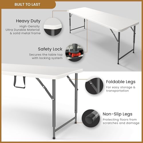 5.5 Feet ADJUSTABLE Foldable Table with Built in Handle & Steel Legs | 5.5FT Heavy Duty Folding Portable | Perfect for Party, Dining, Wedding, Events, Picnic Indoor, Outdoor, Camping, Utility, Folding - Image 4