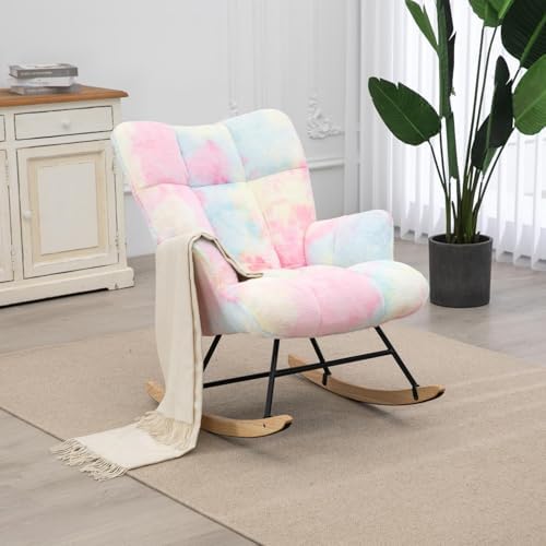 SAETSFEG Rocking Chair Nursery Teddy Upholstered Glider Rocker Rocking Accent Chair Padded Seat with High Backrest Armchair Comfy Side Chair for Living Room Bedroom Offices (Colorful Teddy) by SAETSFEG
