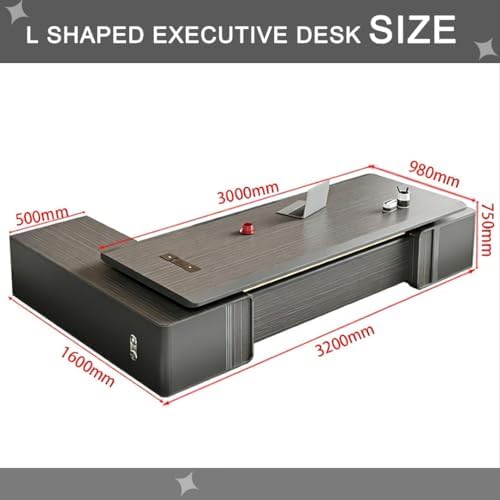 Modern L-Shaped Executive Desk with Drawers, Wooden Office Desk with Hidden Power Outlet, Digital Combination Lock, Aluminum Inlaid Desktop for Home & Professional Office - Image 2