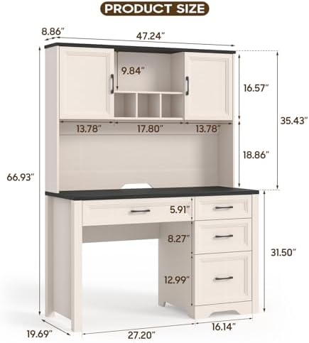 Vabches Farmhouse Executive Desk with 4 Drawers and Storage Cabinet, Rustic Large Home Writing Desk with Hutch, Workstation for Bedroom, Black. - Image 2