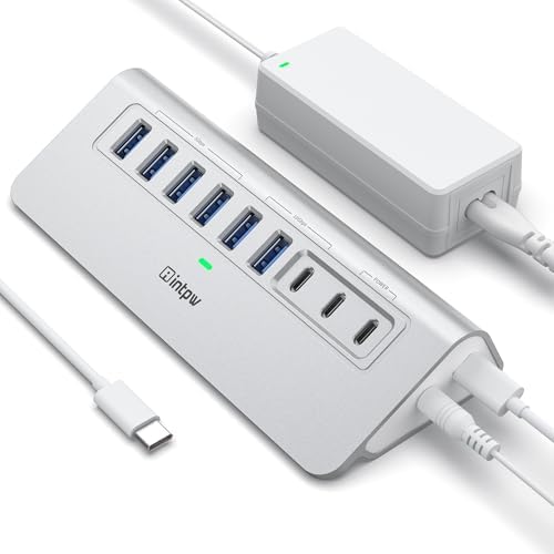intpw Powered USB Hub 10Gbps, 9-Port USB 3.2/USB C Hub, 65W Power Adapter by intpw
