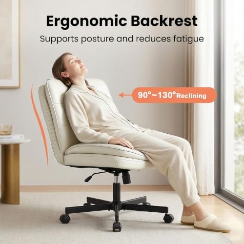 GTPLAYER Cross Legged Office Chair, Armless Desk Chair Cute Vanity Chair with Wheels Computer Chair Comfy Wide Office Chair Adjustable Swivel for Home Computer Task,Pu Leather Beige - Image 3