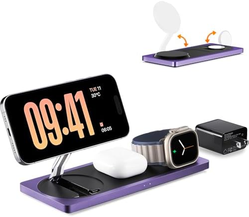 PETINO Mag-Safe Charger Stand, 3-in-1 Magnetic Wireless Charging Station for Apple Devices, iPhone 15/14/13/12 Series, Apple Watch, AirPods Pro (Purple) by Petino
