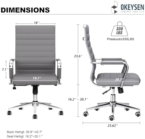 Okeysen Office Desk Chair, Ergonomic Leather Modern Conference Room Chairs, Executive Ribbed Height Adjustable Swivel Rolling Chair for Home Office Set of 20. (Grey) - Image 3