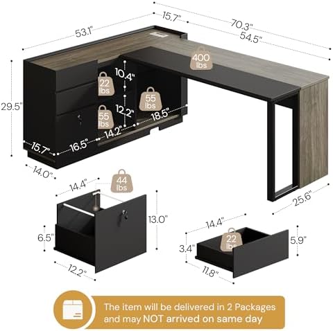 70" Executive Desk with Cabinet Storage, L-Shaped Office Desk with 3 Drawers and Shelves, Large Computer Desk Business Furniture for Home Office (Gray & Black) - Image 2