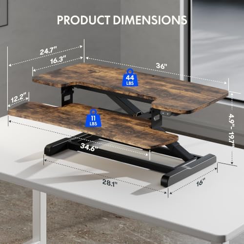 FLEXISPOT 36" Electric Standing Desk Converter, Motorized Sit to Stand Desk Riser, Height Adjustable Desktop Dual Monitor Workstation with Large Keyboard Tray, Rustic Color - Image 2