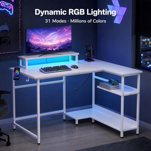 DEVAISE 47" L Shaped Gaming Desk with LED Lights and Power Outlets - Spacious Corner Computer Table with Monitor Stand and Storage Shelves for Work and Gaming, White - Image 4