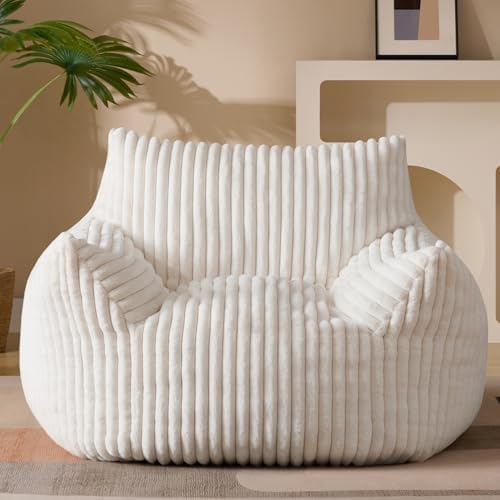 Giant Plush Bean Bag Chair for Adults with Armrests - Oversized Comfy Beige Beanbag Lounge Lazy Floor Sofa Accent Chair for Living Room, Bedroom & Dorm, Cozy Fluffy Single Cloud Mini Couch by Gericco