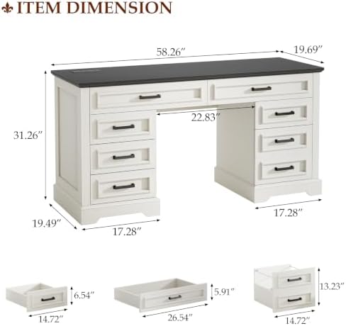 Vabches Farmhouse Executive Desk with Charging Station, White and Brown - Image 2