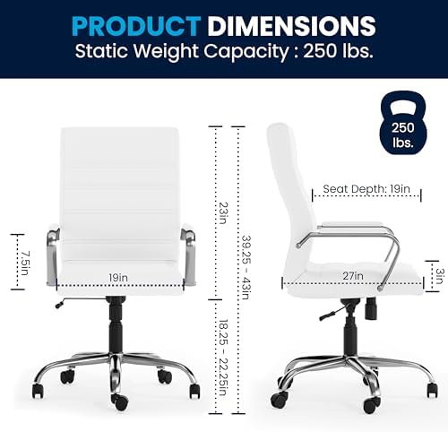 Flash Furniture Whitney High-Back Swivel LeatherSoft Desk Chair with Padded Seat and Armrests, Adjustable Height Padded Office Chair, White/Chrome - Image 3