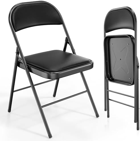 VINGLI 2 Pack Folding Chairs with Padded Seats, Metal Frame with Pu Leather Seat & Back, Capacity 350 lbs, Set of 2, Black by VINGLI