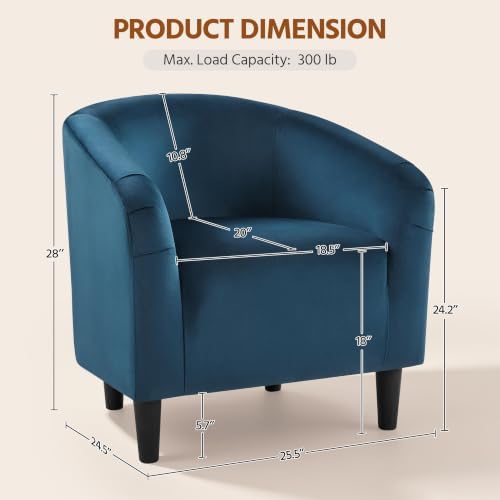 Yaheetech Small 25.5in Wide Velvet Barrel Accent Chair Bedroom, Pagoda Blue - Image 3