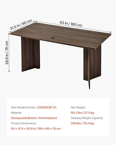 VEVOR 63 in Executive Desk, Large Modern Rectangle Office Table, Heavy Duty Wooden Executive Table with Cable Connection Hole, 250 LBS Load Capacity, Easy Assembly, for Work Study Writing, Walnut - Image 2