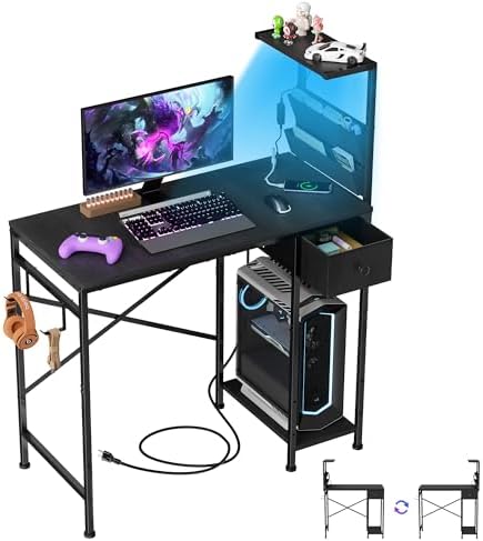 33.7 Inch Small Gaming Desk Table with LED Lights & Power Outlets, Compact L Shaped Gaming Computer Desk with CPU Stand, Drawer & Storage, Corner PC Desk for Kids, Home Office , Bedroom, Black by Jakyitvi