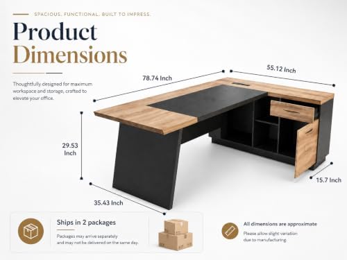 Office Desk with Drawers, 78.74 Inches L-Shape Executive Desk, Industrial Wood Desk with Storage Shelves, Modern Computer Desk for Home Office, Black and Wood, Right - Image 2