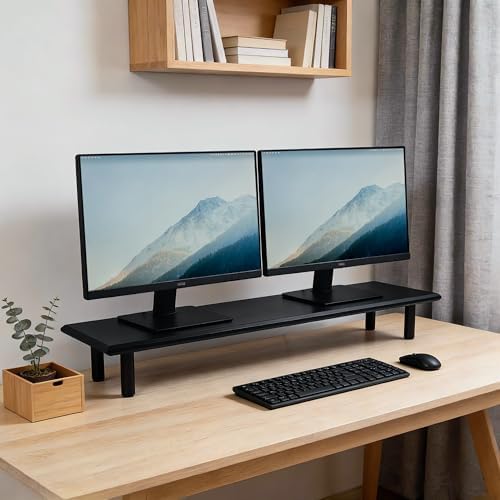 Bamboo Dual Monitor Stand Riser, Black Desk Shelf with Storage - Image 6