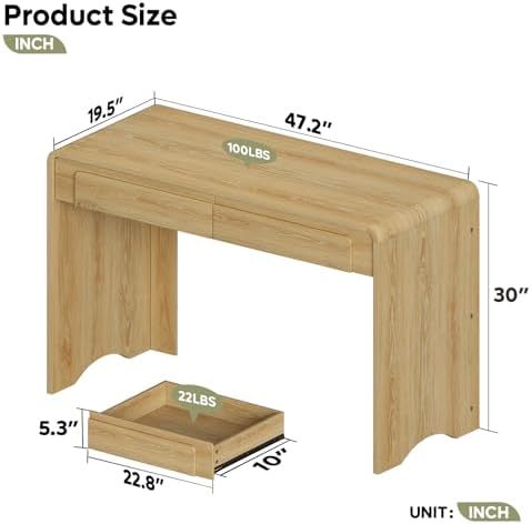 Bestier 47" Computer Desk with 2 Drawers, Modern Wood Writing Desks, Oak - Image 2