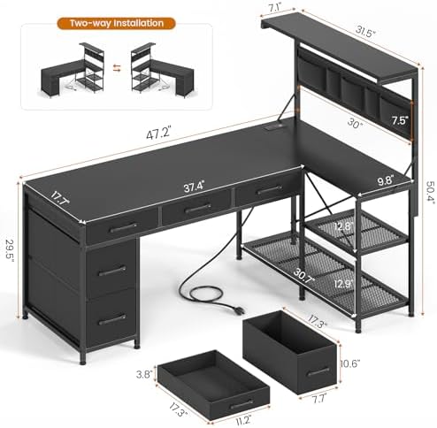 SEDETA L Shaped Gaming Desk, 47.2" Reversible Small Computer Desk with 5 Drawers and Storage Shelves, Corner Gaming Desk with LED Lights and Power Outlet, Black - Image 2