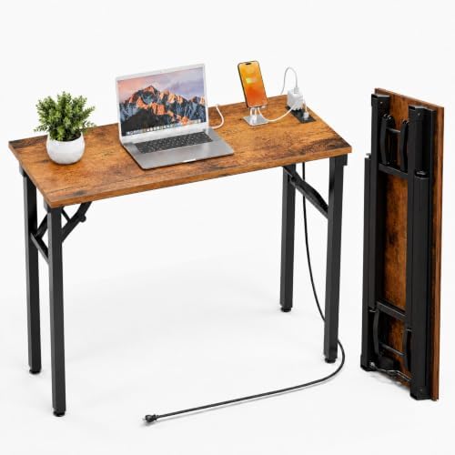 Folding Table Computer Desk - 35.8" No Assembly Folding Desk with Power Outlets & USB Charging Port, Small Desk, Foldable Office Desk, Compact Storage Portable Use for Small Space, Rustic Brown by HMFOR
