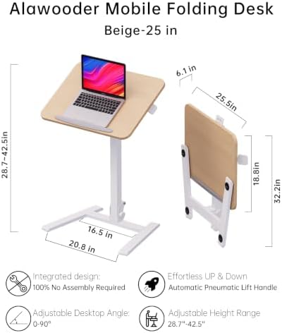 alawooder 25" Mobile Folding Desk: Pneumatic Sit-Stand, No Assembly - Image 3