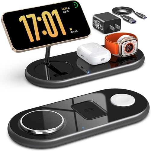 3 in 1 Charging Station for Apple Devices, Mag-Safe Charger Stand, Magnetic Wireless Charger Station for iPhone 17 16 15 14 13 12 Series, for iWatch Ultra 10 9 8 7 SE 6 5 4 3, for AirPods (Black) by okFlyman