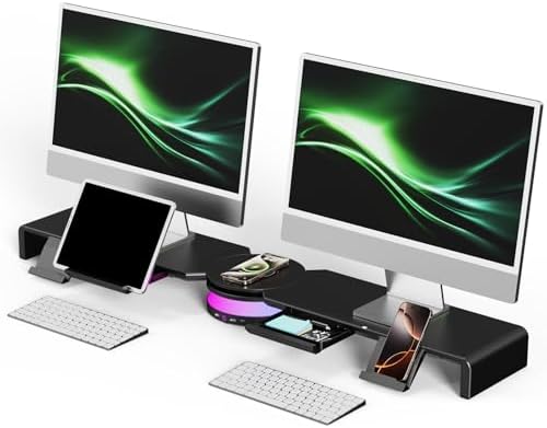 Dual Monitor Stand Riser with USB Hub, 15W Wireless Charging & RGB by KlearlookMaximizedClarity