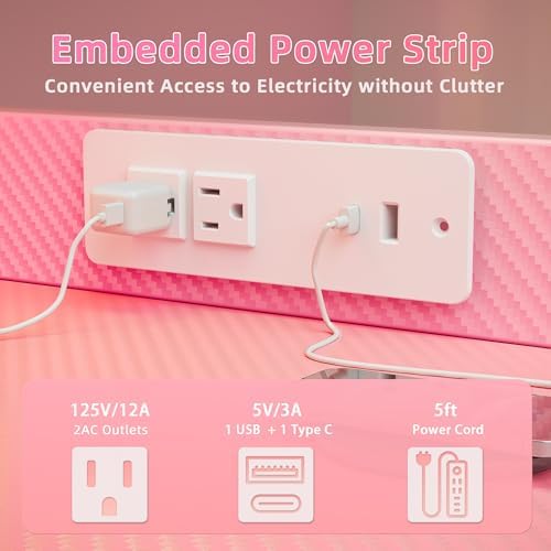 TIQLAB Gaming Desk 40 inch with Power Outlet and LED Light, Computer Desk with Reversible Shelves and Storage Drawer, Small PC Desk for Home Office Table with Bag, Carbon Fiber Pink - Image 5