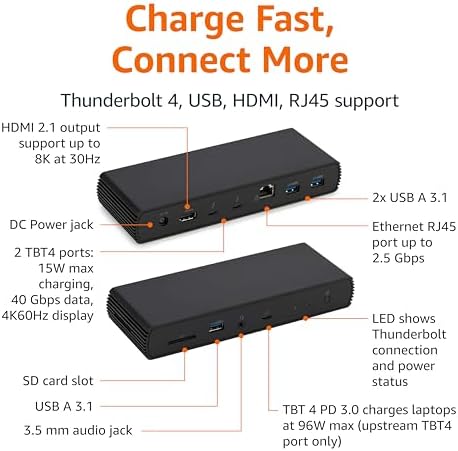 Amazon Basics Thunderbolt 4 Pro Docking Station, Dual 4K Monitor Support, 8K Display, 2xTBT4, 1xHDMI2.1, 3xUSB A 3.1, RJ45 Ethernet, Black, 7.86 x 2.95 x 1.23 inches (Pack of 10) - Image 2