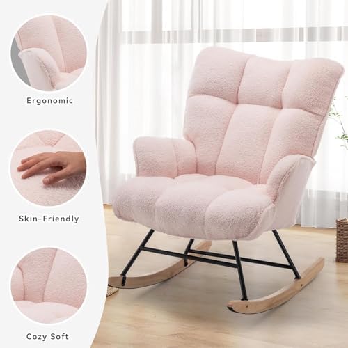 SAETSFEG Rocking Chair Nursery Teddy Upholstered Glider Rocker Rocking Accent Chair Padded Seat with High Backrest Armchair Comfy Side Chair for Living Room Bedroom Offices (Pink Teddy) - Image 4