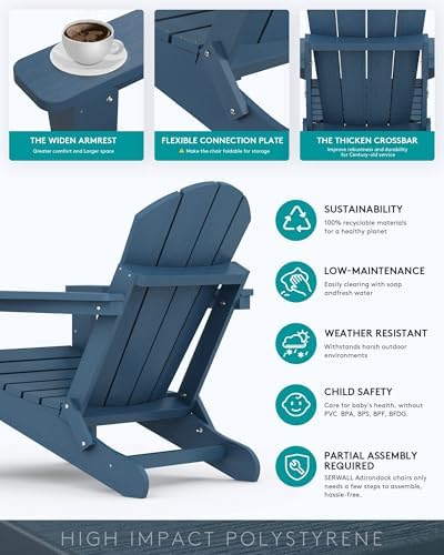 SERWALL Folding Adirondack Chair Set of 4 with Cup Holder for Fire Pit-Blue - Image 5