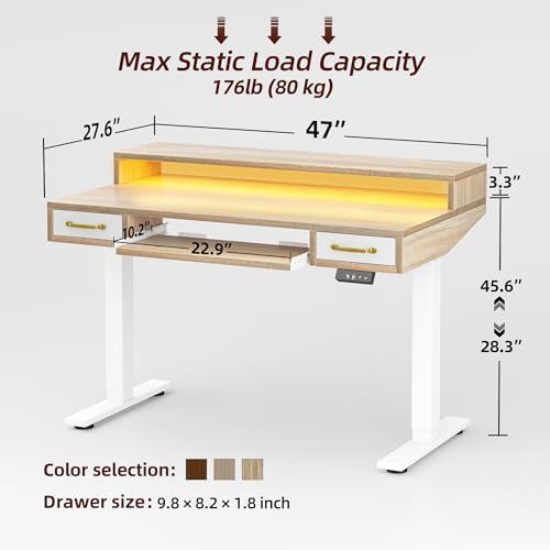 TIQLAB Standing Desk with Two Drawers, Stand Up Standing Desk Adjustable Height, Electric Sit Stand Table with Storage Shelf and Splice Board, with LED Light, 47 * 28 inch, Maple - Image 3