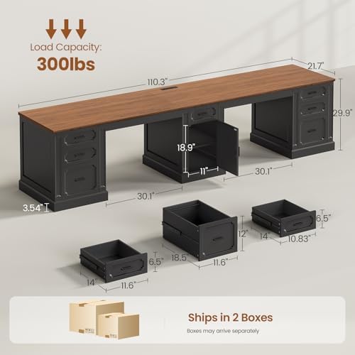 SEDETA Farmhouse 110.3" Two Person Desk with 7 Drawers, Long Computer Desk with Storage Cabinet, 2 Person Desk with Power Outlets for Home Office, Black+Brown - Image 2