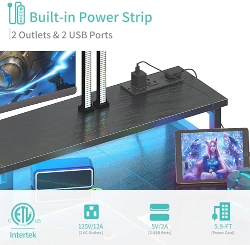 Lufeiya Gaming Desk with LED Lights and Storage Shelves, 47 inch Computer Desk with Power Outlets, Home Office Desk with Monitor Stand, Writing Table PC Desks, Black - Image 7