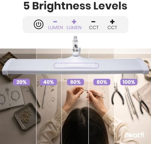 Neatfi Pro LED Task Lamp with Clamp | CRI 95 | 50W | 684 LED Beads | 4,500 Lumens | Touch CCT Dimming | 3000K-6500K | Desk Light for Reading, Crafting & Home Office Use (White-8, 31.8-Inch Wide Shade) - Image 4