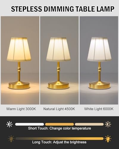 5W Mini Cordless Lamp Gold,3000 mah Small Battery Operated Lamp,Vintage Small Table Lamps,3 Level Dimmable Rechargeable Lamps,Decorative Dining Table Light,Mini Lamps for Kitchen,Nightstand,Bedroom - Image 4