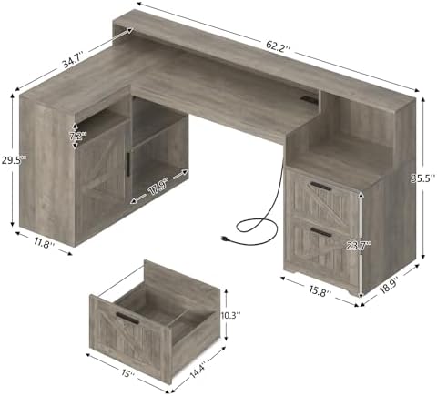 63" Farmhouse L Shaped Desk with Drawers and Printer Stand for Home Office - Image 2