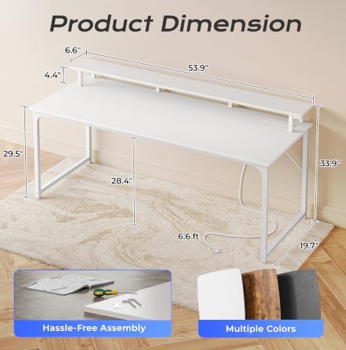 PRAISUN 55 inch Gaming Desk, LED & Power Outlets, Monitor Stand, White - Image 3