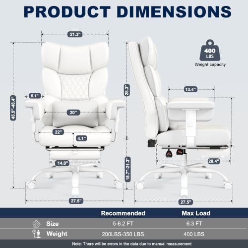 Misolant Big and Tall Office Chair with Footrest, High Back Executive Desk Chair with Adjustable Lift Armrest, 155°Recline，Lumbar Support Pillow, Faux Leather Gaming Chairs for Home All White - Image 2