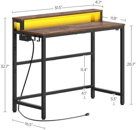 YATINEY Small Computer Desk with Charging Station and LED Lights, Gaming Desk with Monitor Stand, 2-Tier Home Office Desk with 4 Side Hooks, for Living Room, Home Office, Rustic Brown DN01UDBRY2 - Image 3